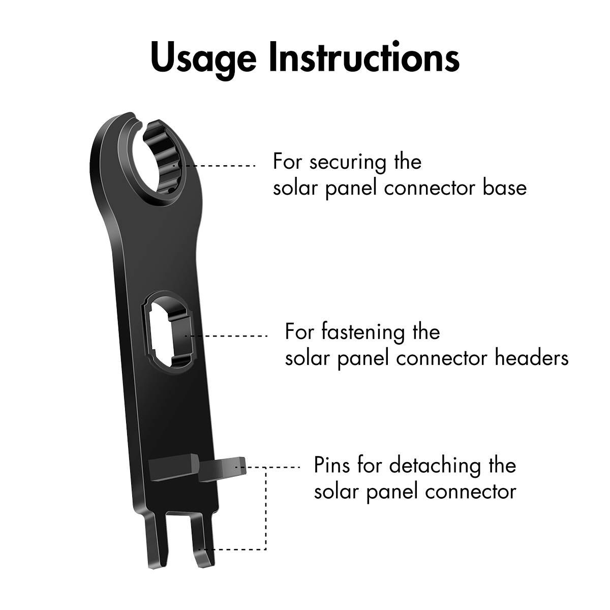 Sort værktøj med instruktioner: 'Til sikring af solarpanel-stikforbindelsens base', 'Til fastgørelse af stikforbindelseshoved', 'Stifter til adskillelse af stikforbindelsen'.