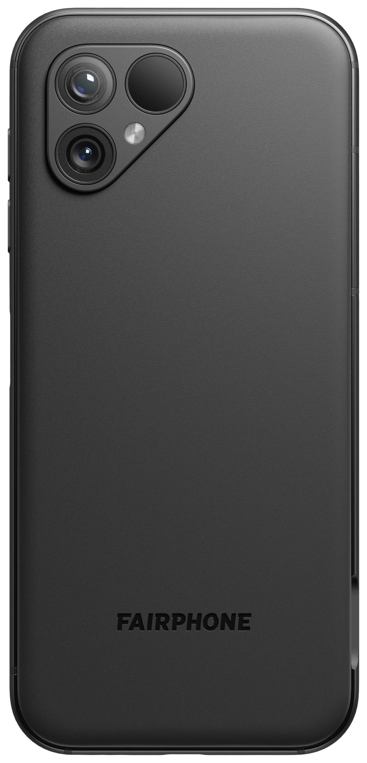 Sort smartphone set bagfra, med to kameralinser og blitz. Teksten 'FAIRPHONE' er trykt i bunden af bagsiden.