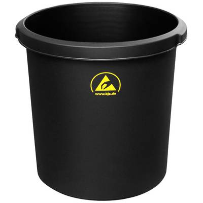 Sort, rund ESD-affaldsbeholder med gult logo og hjemmesideprint 'www.bjz.de' foran, egnet til elektrostatisk følsomme områder.
