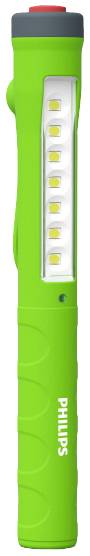 Grøn LED-lampe med 'Philips' påtryk, som viser en række LEDs. Ideel til præcis belysning og let at transportere.