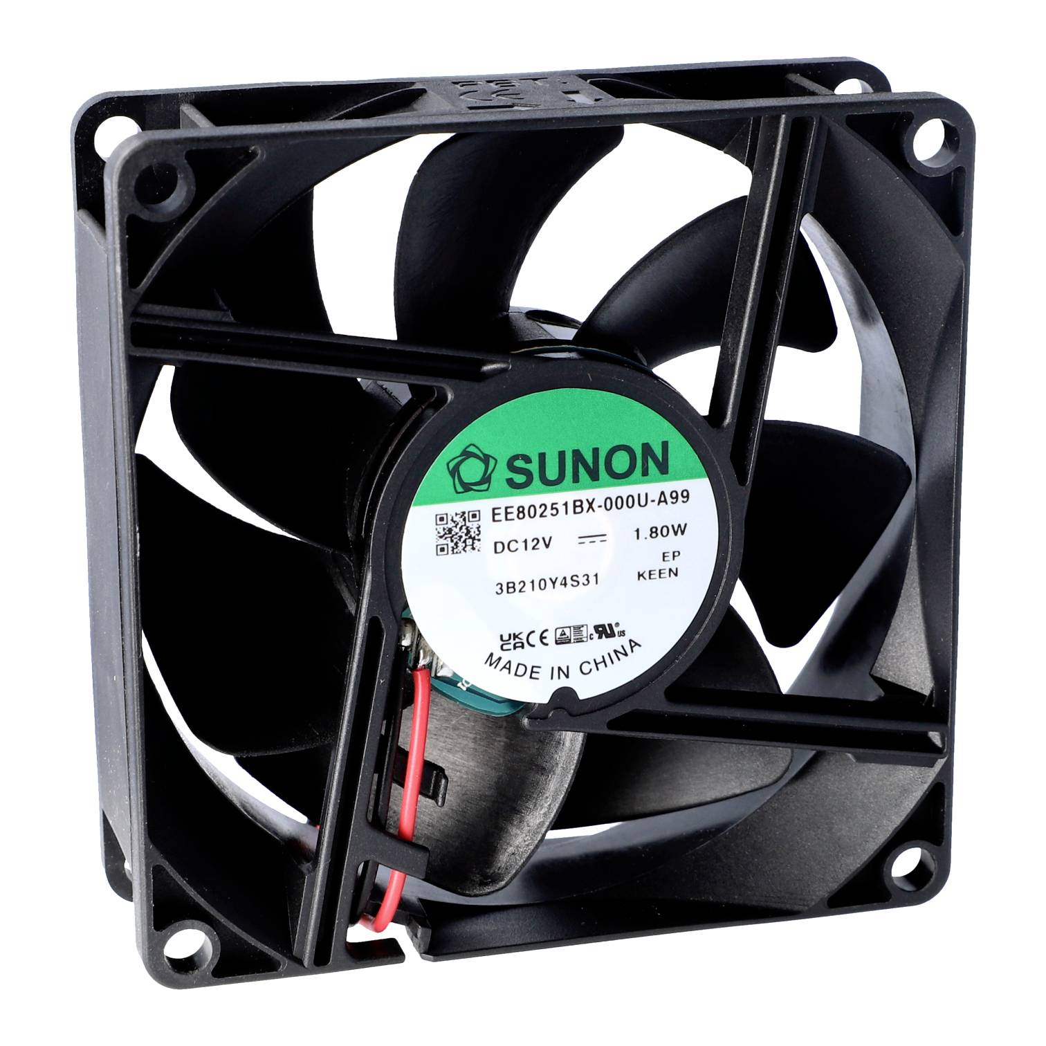 Ventilator fra Sunon med modelnummer 'EB80251BX-000U-A99', DC12V, 1,8W, sort, etiket med tekniske detaljer.