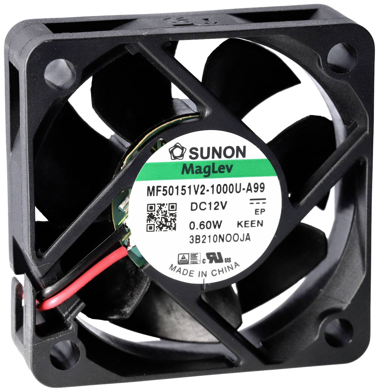 En sort ventilator fra Sunon med MagLev-teknologi, modelnummer MF50151V2-1000U-A99, til 12V DC, 0,60W effekt.