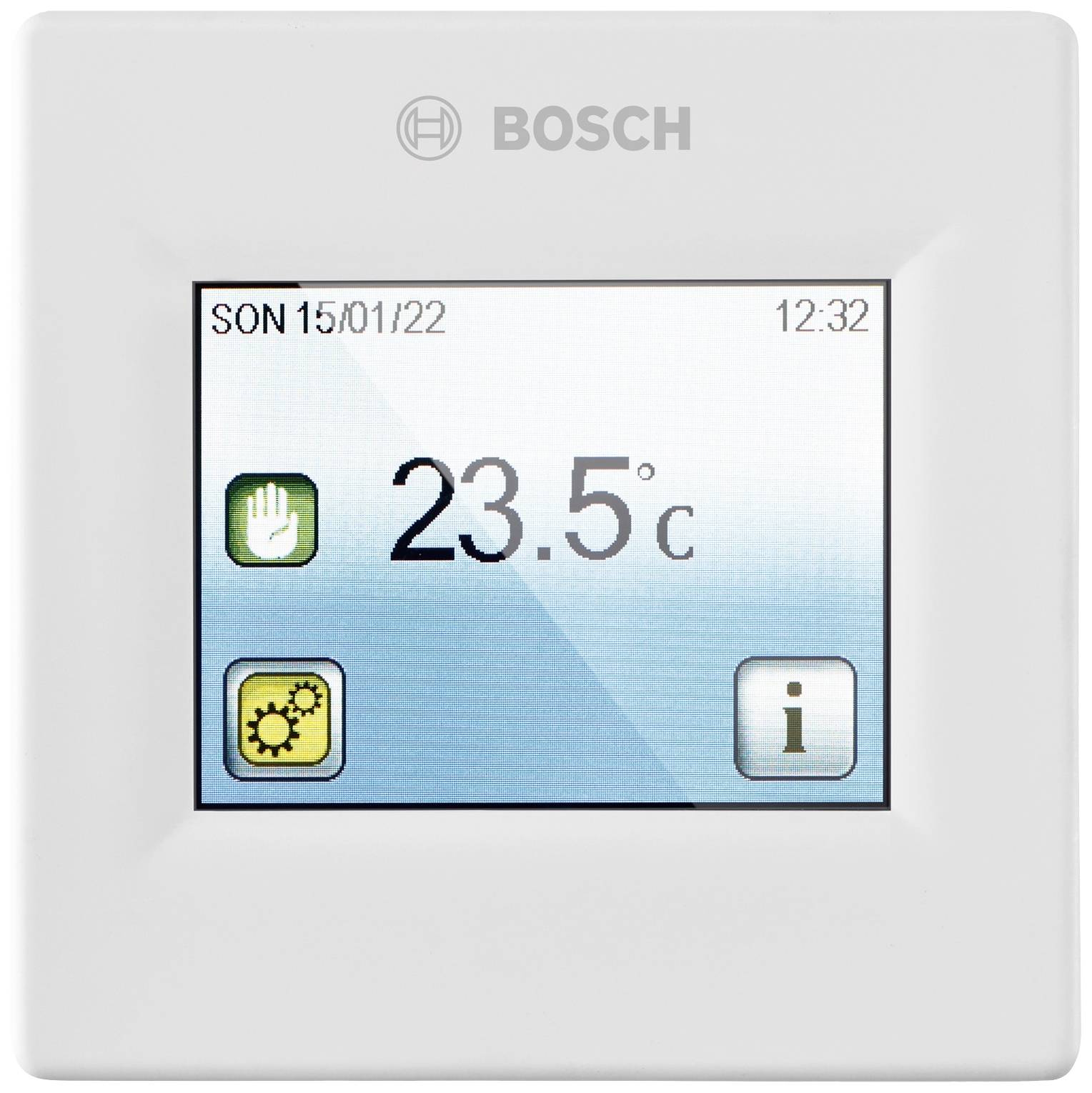 Billedet viser en Bosch-temperaturvisning, der viser 23,5°C. Det indeholder symboler for manuel drift, indstillinger og information.