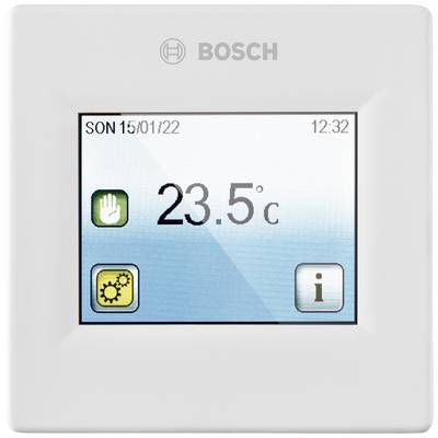 Billedet viser en Bosch-temperaturvisning, der viser 23,5°C. Det indeholder symboler for manuel drift, indstillinger og information.
