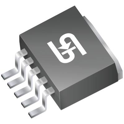 En grå mikrochip med flere metalpins, som viser et hvidt logo på oversiden.