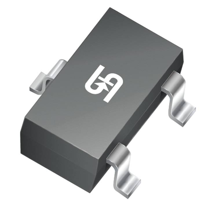 Lille elektronisk komponent med sort kabinet og sølvfarvet logo på oversiden. To buede metalforbindelser på hver side.