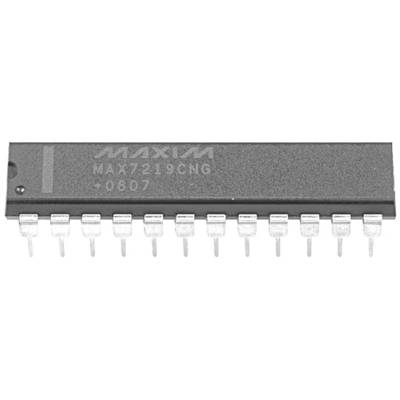 Mikrochip fra Maxim Integrated, model MAX7219CNG, i nærbillede. 16 ben synlige. Til styring af LED-displays.