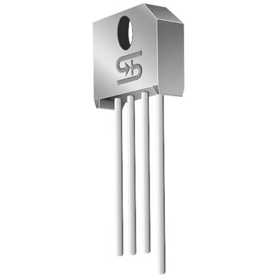En firbenet elektronisk komponent, en transistor i TO-220-kapslingen, med en producents logo på selve huset.