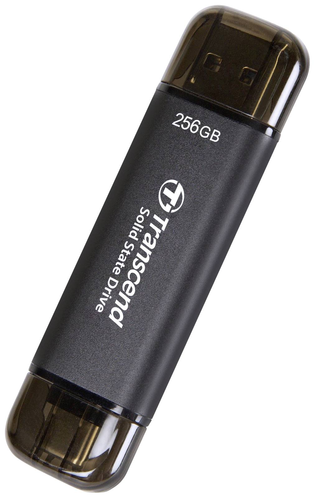 USB-stik 'Transcend Solid State Drive', 256 GB lagringskapacitet, sort, med gennemsigtige kapper. Kompakt og bærbar.