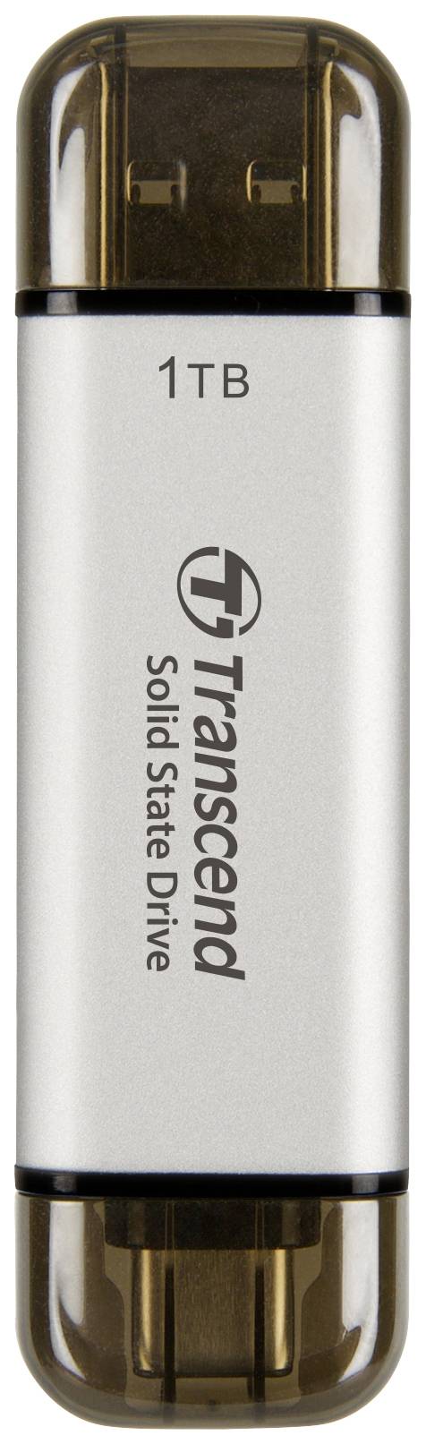 USB-stik med påskriften '1TB Transcend Solid State Drive', viser enhedens lagringskapacitet og mærke.