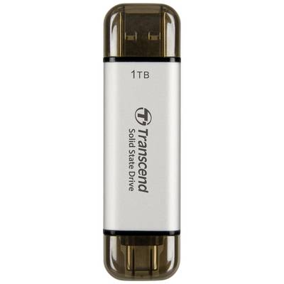 USB-stik med påskriften '1TB Transcend Solid State Drive', viser enhedens lagringskapacitet og mærke.