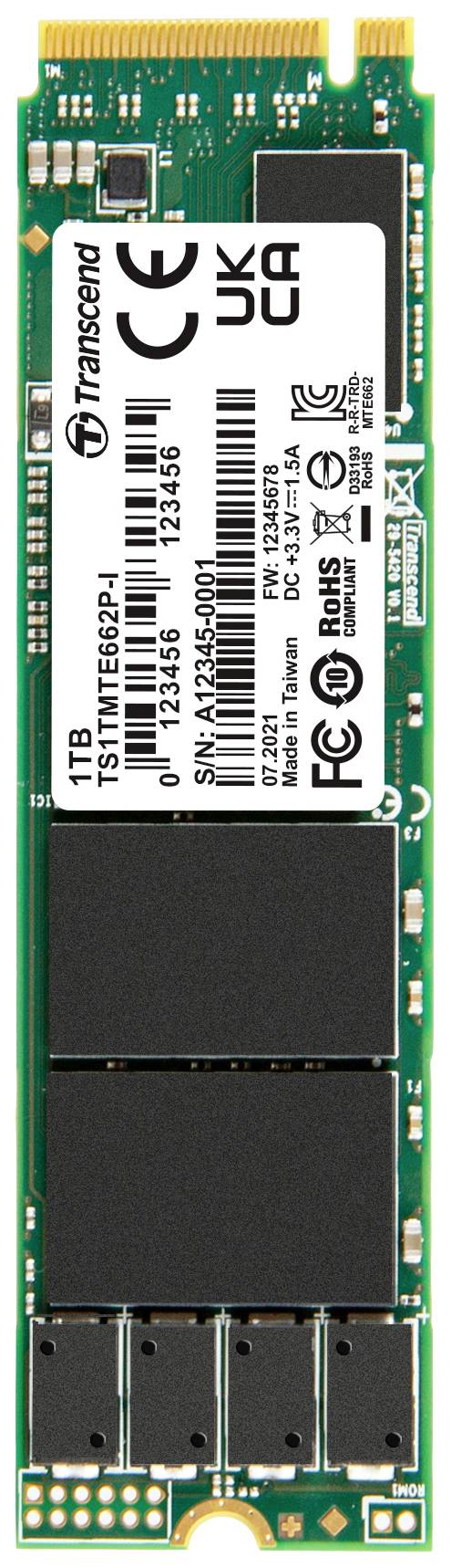 'Transcend' 1TB SSD-modul, Model MTE240S, PCIe Gen 4x4 interface, på grønt printplade med markeringer, certificeringsmærker, serie- og modelnummer.