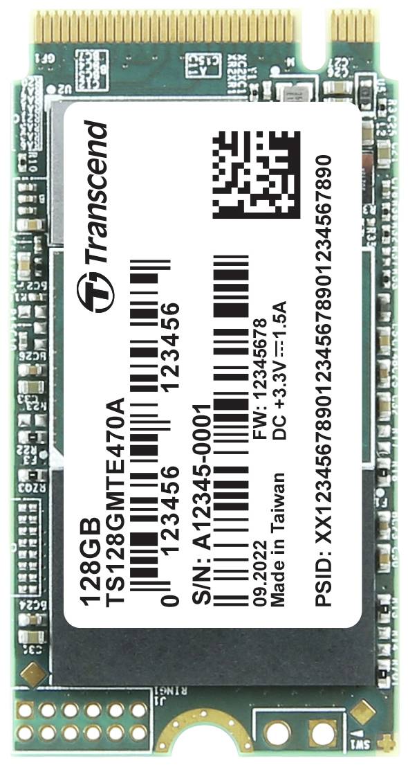 En Transcend 128GB SSD i M.2-format med produktetiket, stregkoder og serienumre, viser tekniske specifikationer og oprindelse.