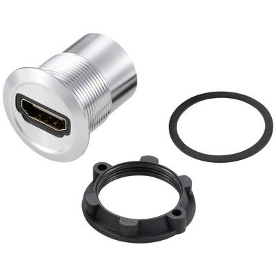 Et HDMI-stik i en cylindrisk metalkappe med tætning og sort monteringsring, egnet til panelmontage i tekniske enheder.