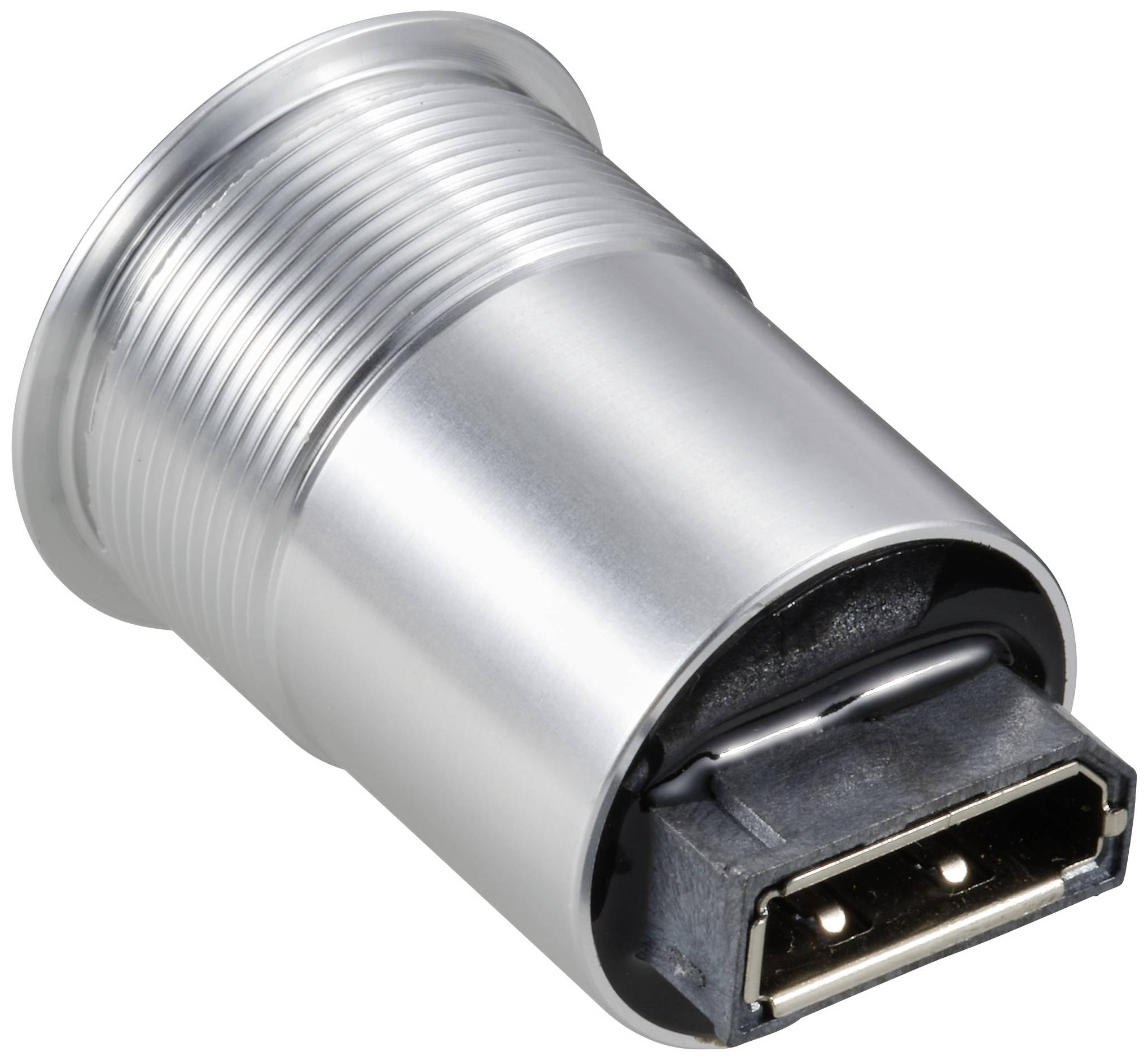 En sølvfarvet, cylindrisk metaladapter med et rektangulært stik, som bruges til elektroniske forbindelser.