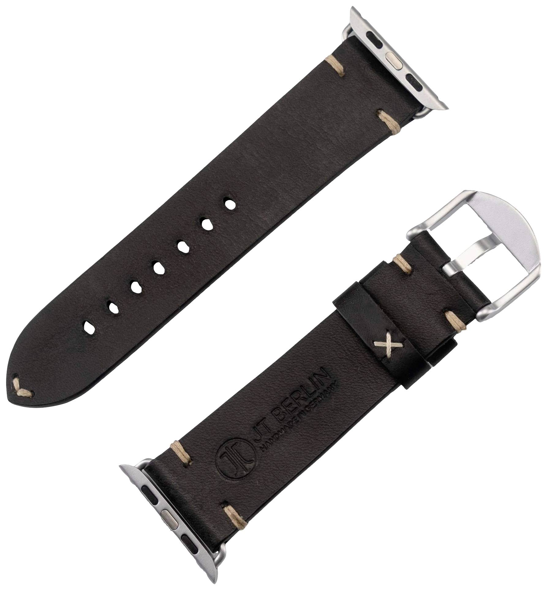 Mørkebrun læderurrem med metalspænde, ved siden af et identisk bånd uden spænde. Præget logo på båndet.