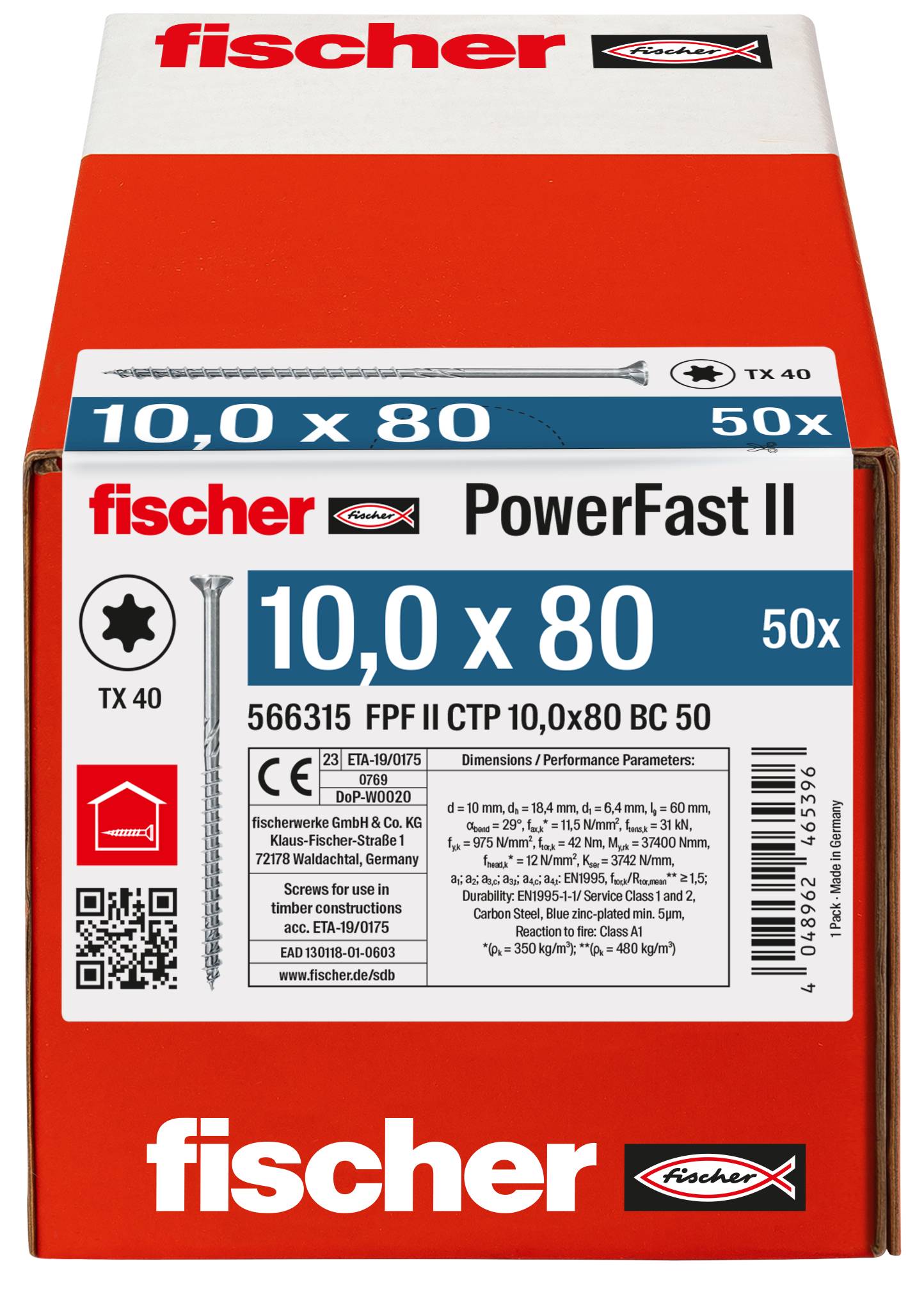 En rød og hvid Fischer PowerFast II-boks med 50 TX40-skruer, mærket 10,0 x 80, med produkt- og stregkodedetaljer.