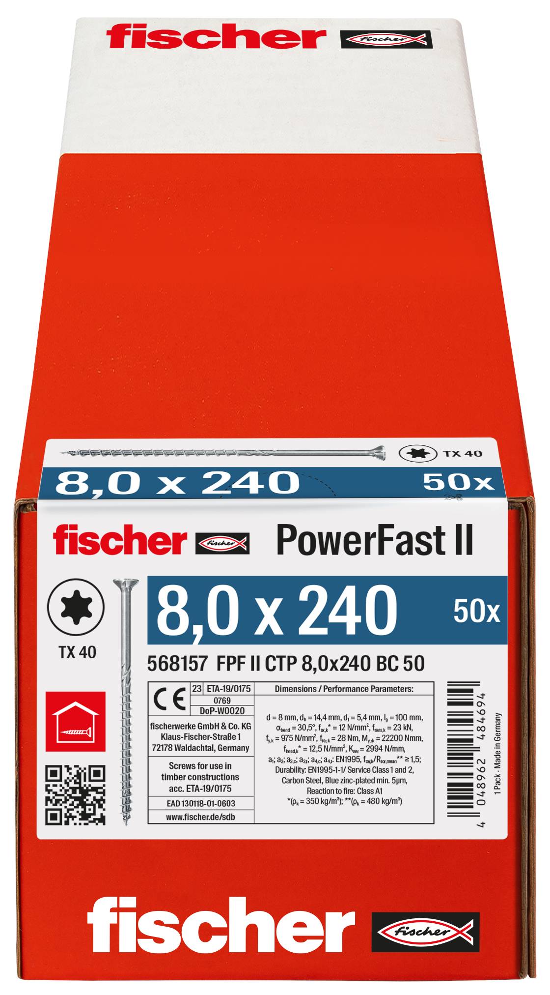 Foto af en Fischer PowerFast II skruekasse mærket '8.0 x 240' og '50x', rød-og-hvidt emballage med produktdetaljer på forsiden.