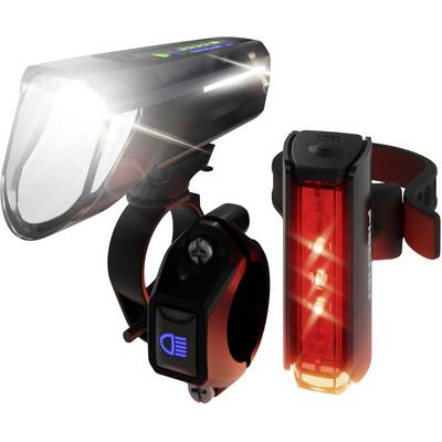 FISCHER FAHRRAD PLUS 100/130 Fernlicht + TWIN STOP Cykellys sæt LED (RGB) Sort