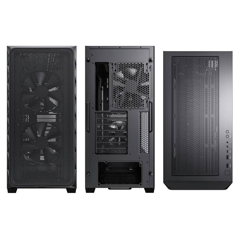 Tre visninger af et sort computerkabinet, set forfra, bagfra og oppefra. Ventilatorer og tilslutninger er synlige.