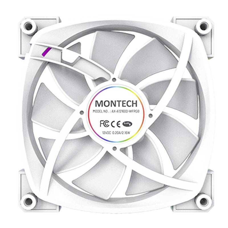 En hvid computerkøler med ni rotorblade og en central mærkat med teksten 'MONTECH' og tekniske specifikationer.