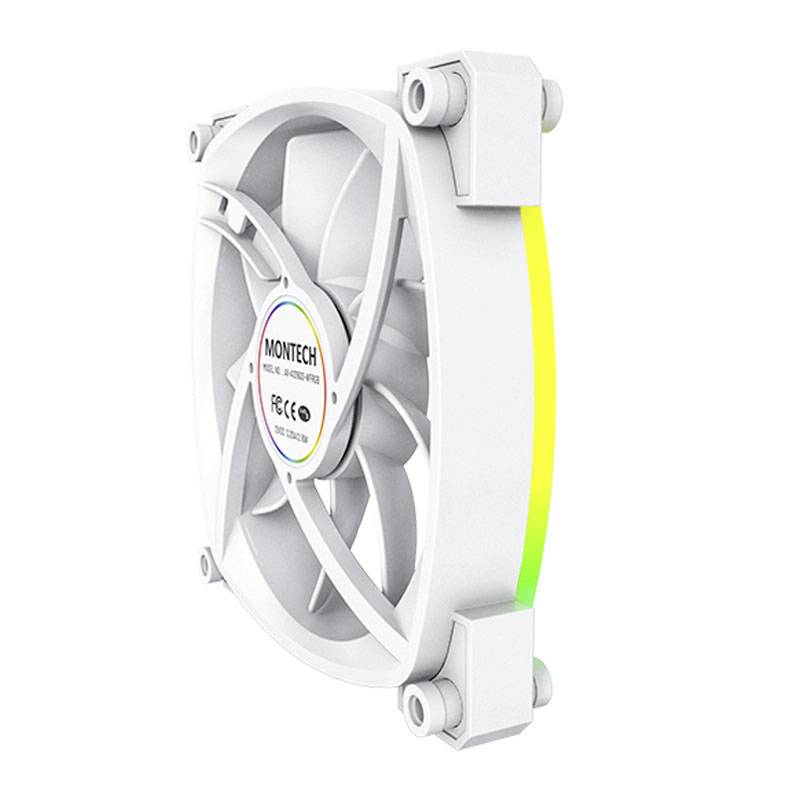 En hvid computerblæser fra mærket Montech med en ringformet LED-belysning, der lyser grønt.