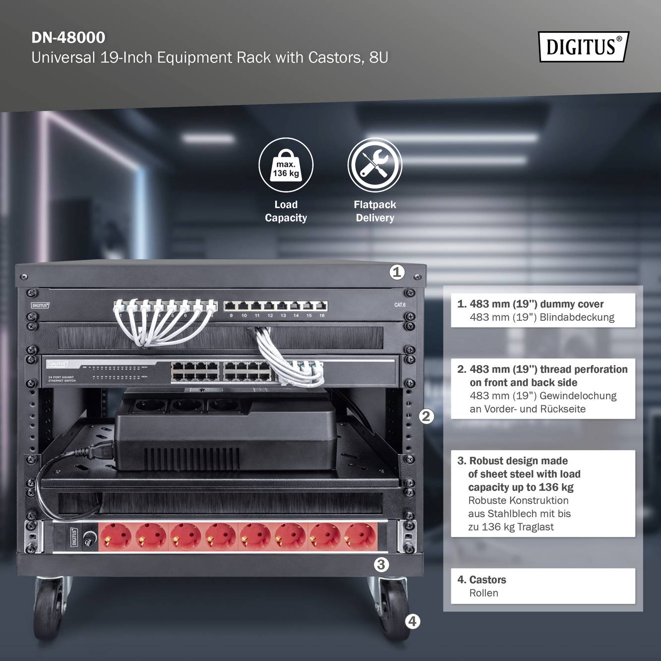 Digitus DN-48000 19 tommer rackvogn 8 U Stålplade-8