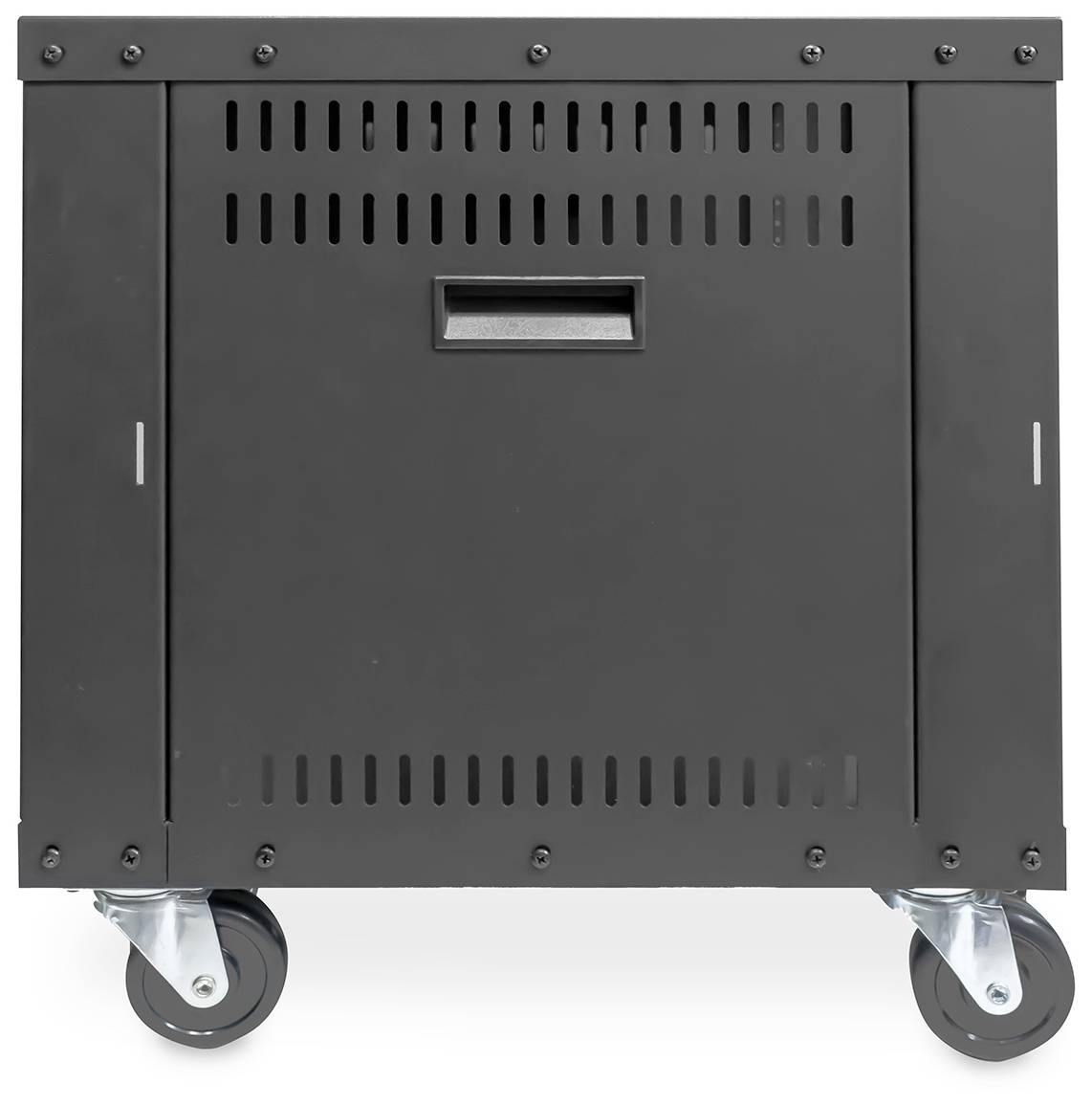 En sort, mobil skab med fire hjul og ventilationsåbninger. Velegnet til transport eller opbevaring af teknisk udstyr.