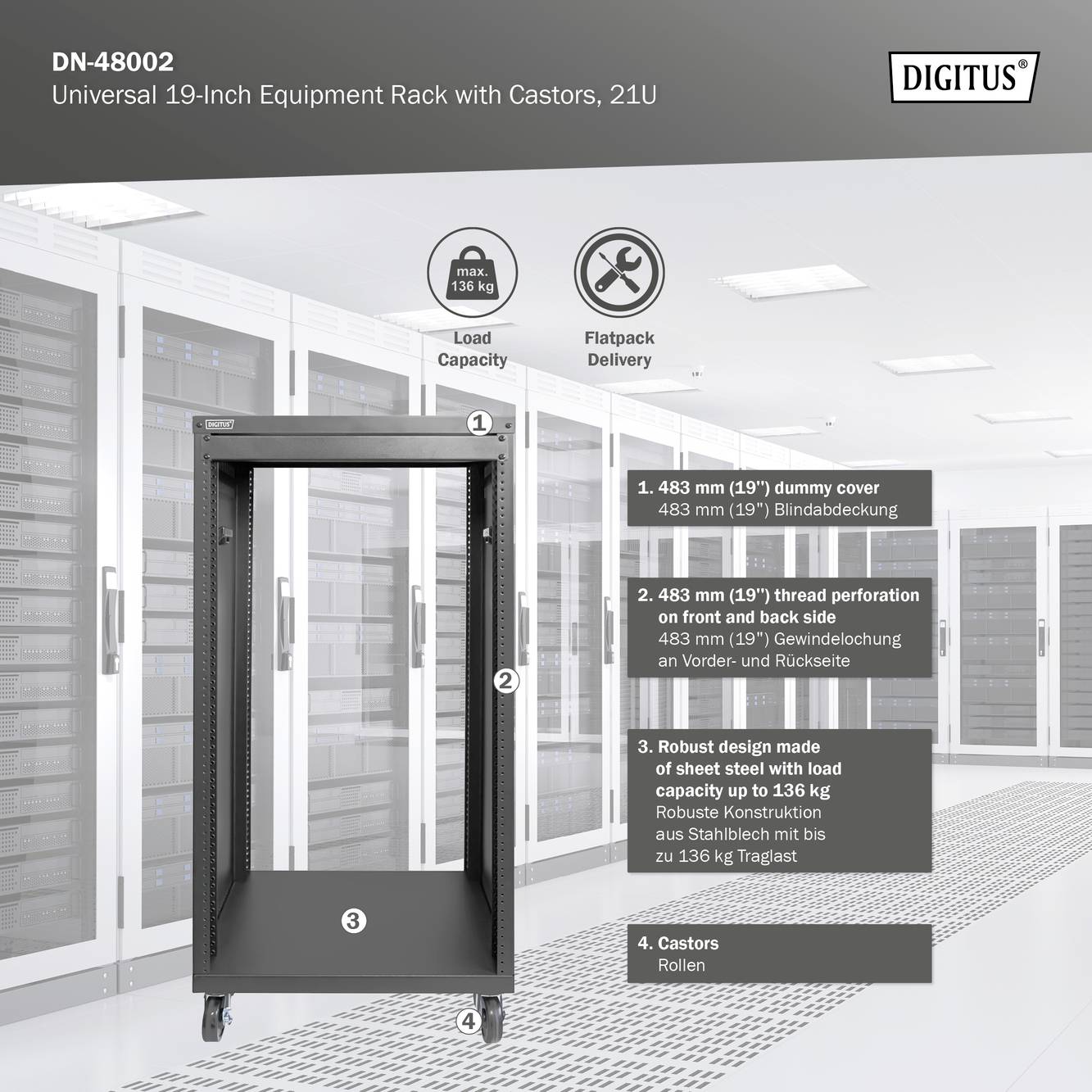 Digitus DN-48002 19 tommer rackvogn 21 U Stålplade-9