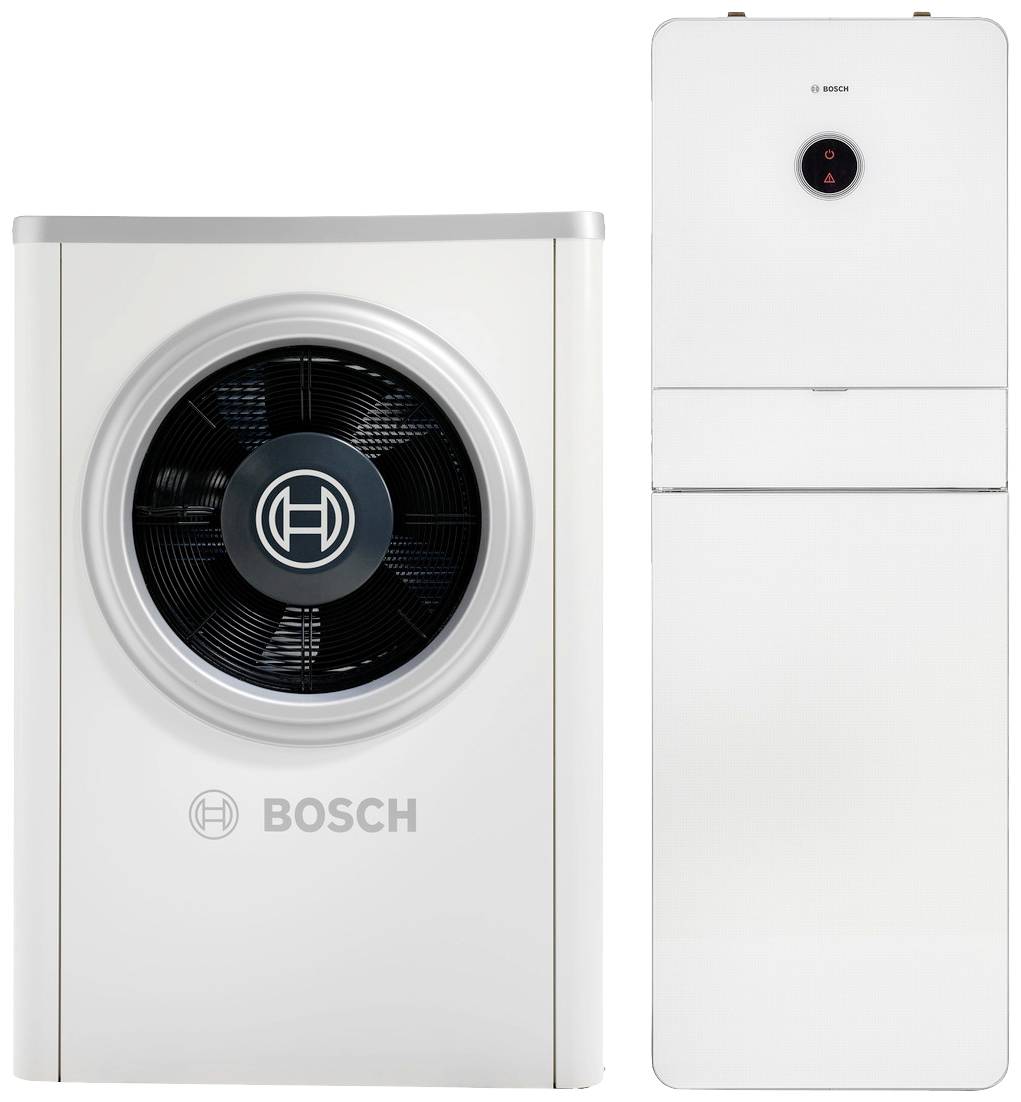 To varmeapparater fra Bosch er vist. Til venstre en varmepumpe med synlig ventilator. Til højre en slank, vertikal radiator.