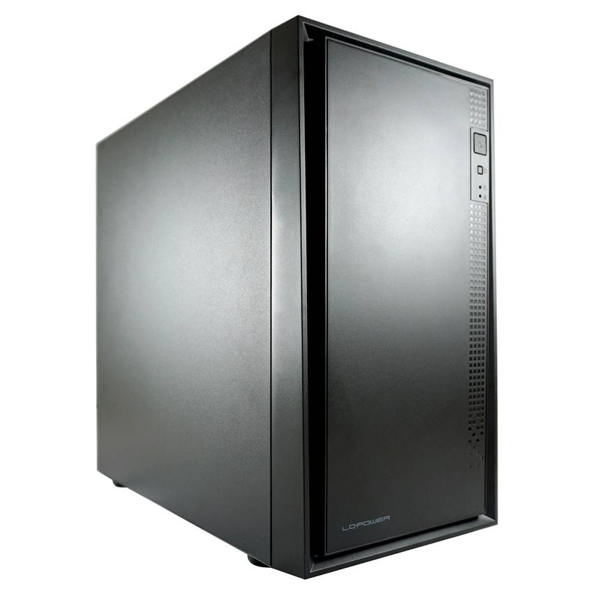 Et sort computeretui med enkelt design og ventilationsåbninger i siden. Perfekt til kontor-pc eller hjemmecomputer.