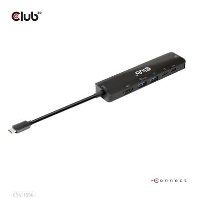 Sort USB-C multiport-adapter med flere tilslutninger, herunder HDMI, USB-A og USB-C. Firmalogo Club 3D øverst til venstre.