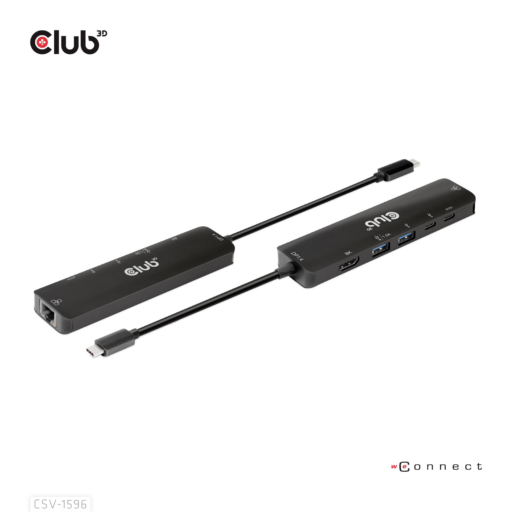 USB-C Multi-Port Adapter med HDMI, USB-A, Ethernet, SD-kortlæser og USB-C-port, sort, viser for- og bagside.
