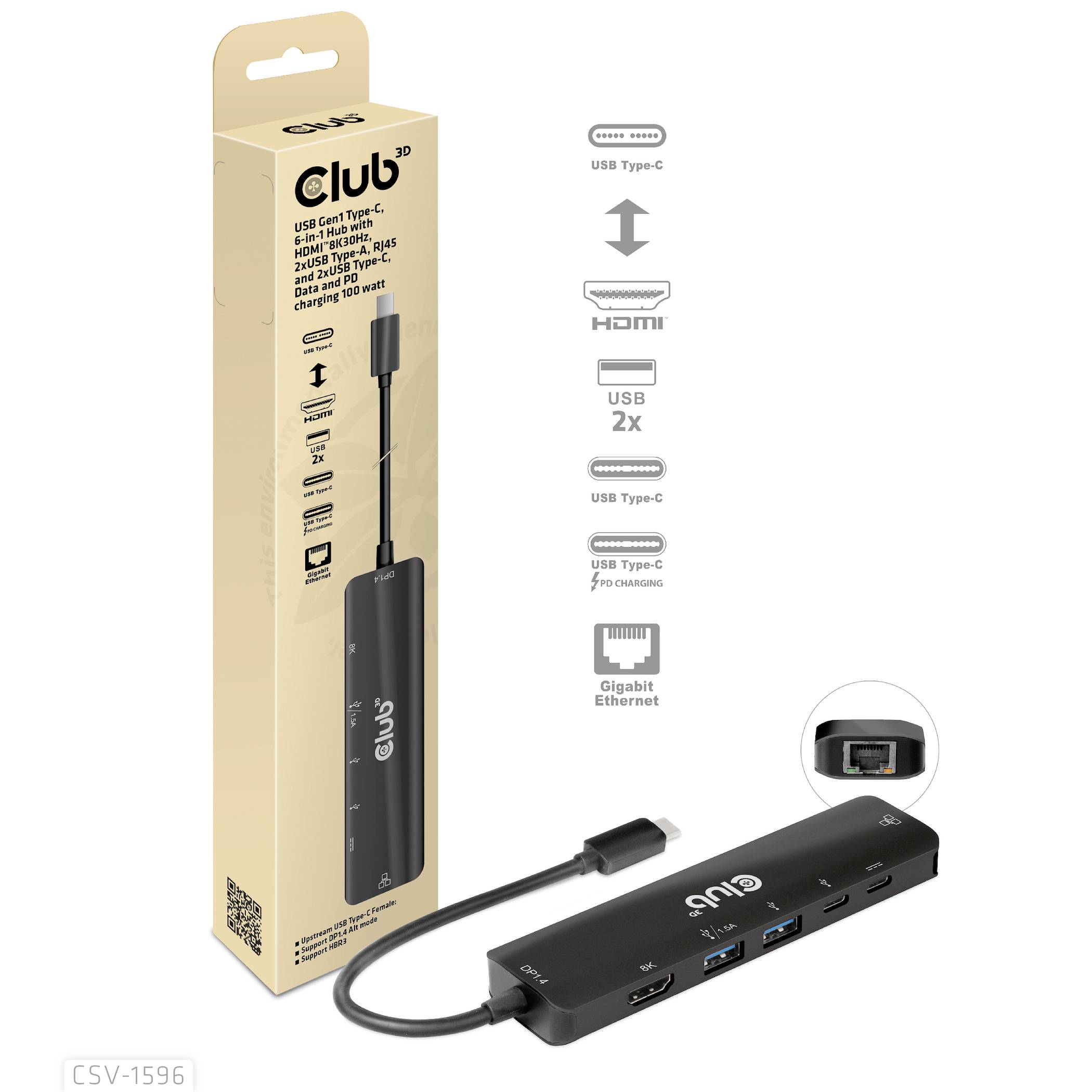 USB-C-hub med HDMI, Ethernet og flere USB-porte. Præsenteret på emballagen som et alsidigt tilbehør til bærbare computere.