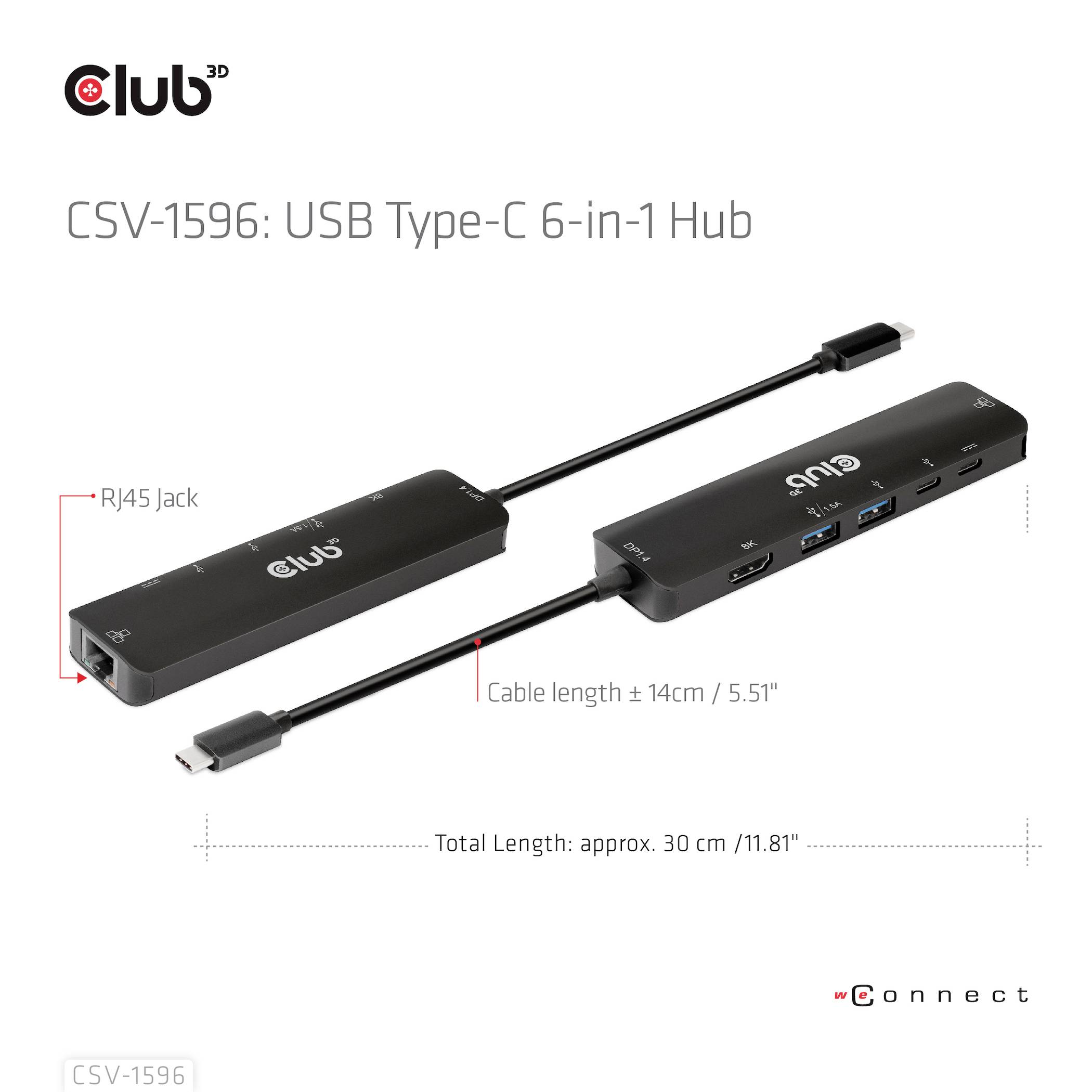 En USB Type-C 6-i-1 hub med Ethernet-port, forskellige USB-porte og en samlet længde på ca. 30 cm (11,81 tommer).