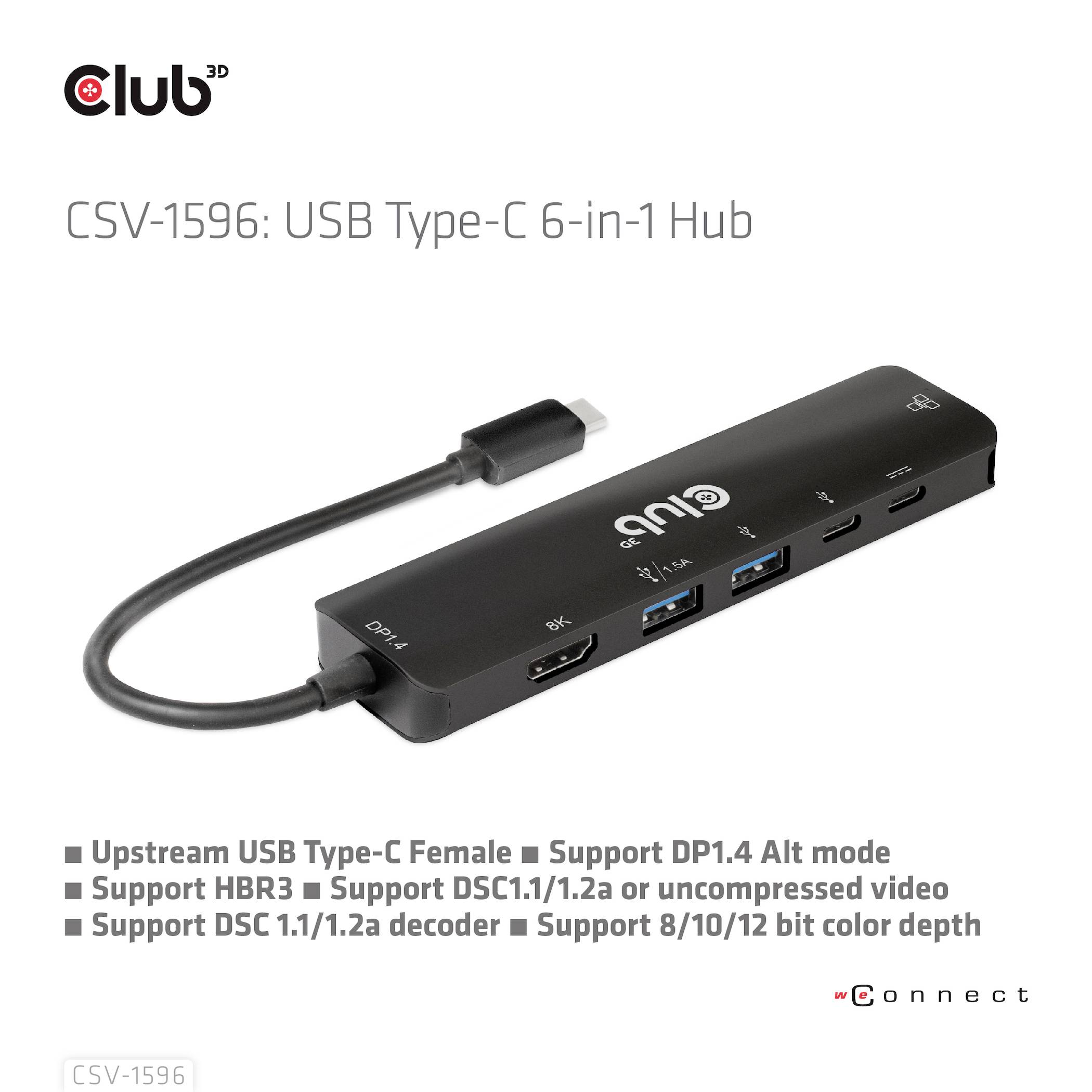 USB Type-C 6-i-1 Hub fra Club3D med tilslutninger til HDMI, USB 3.1, USB-C og SD-kort. Understøtter HBR3 og DP1.4 Alt-Mode.
