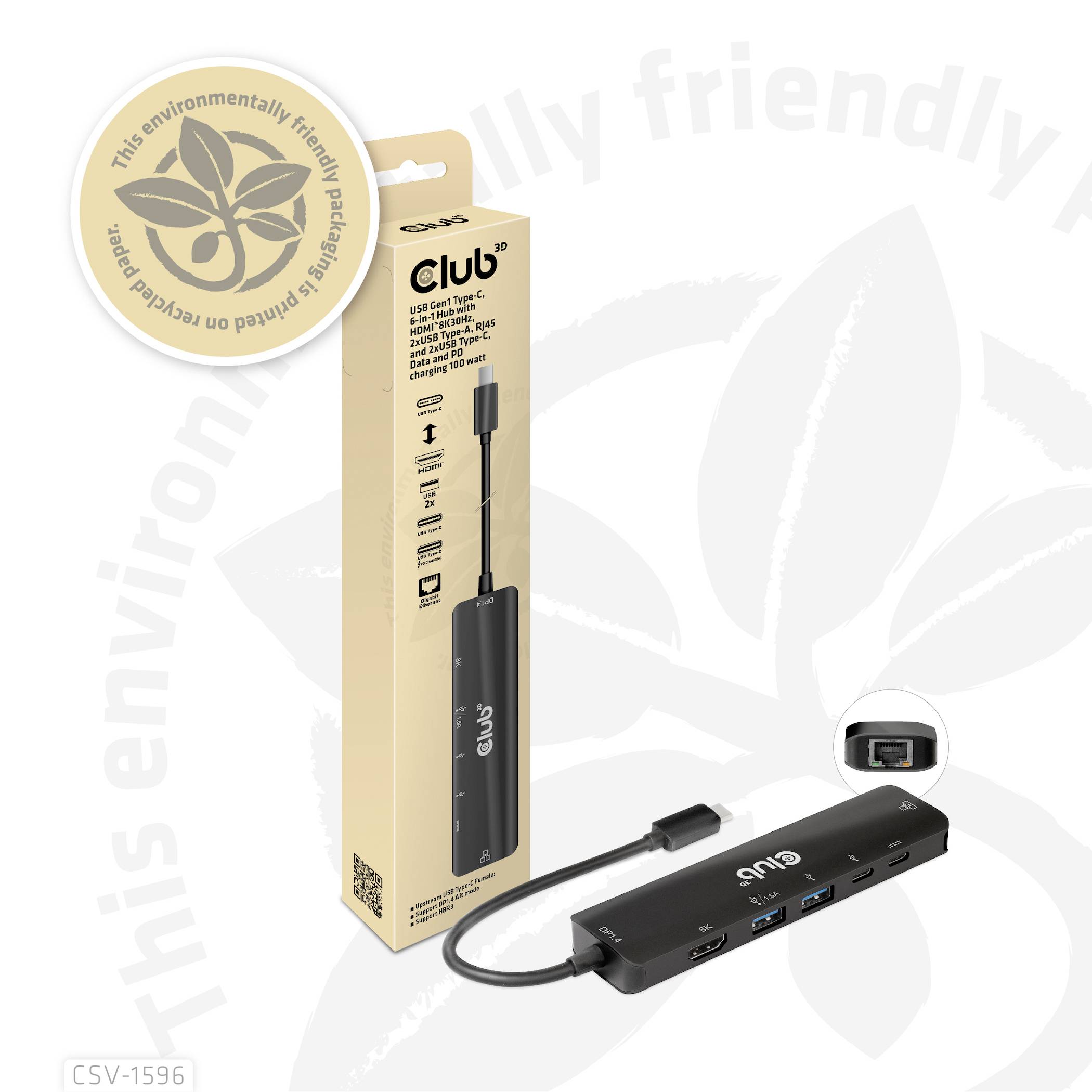 'Club USB Type-C Hub' emballage og produkt. Flere tilslutninger og adaptere til at forbinde enheder. Tekst fremhæver miljøvenlig fremstilling.