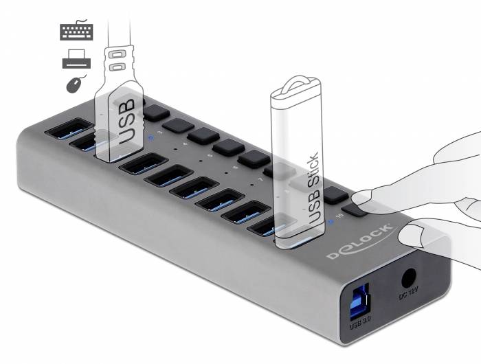 En metal USB-hub med syv USB 3.0-porte. To USB-stik er sat i. Ideel til flere enhedstilslutninger.