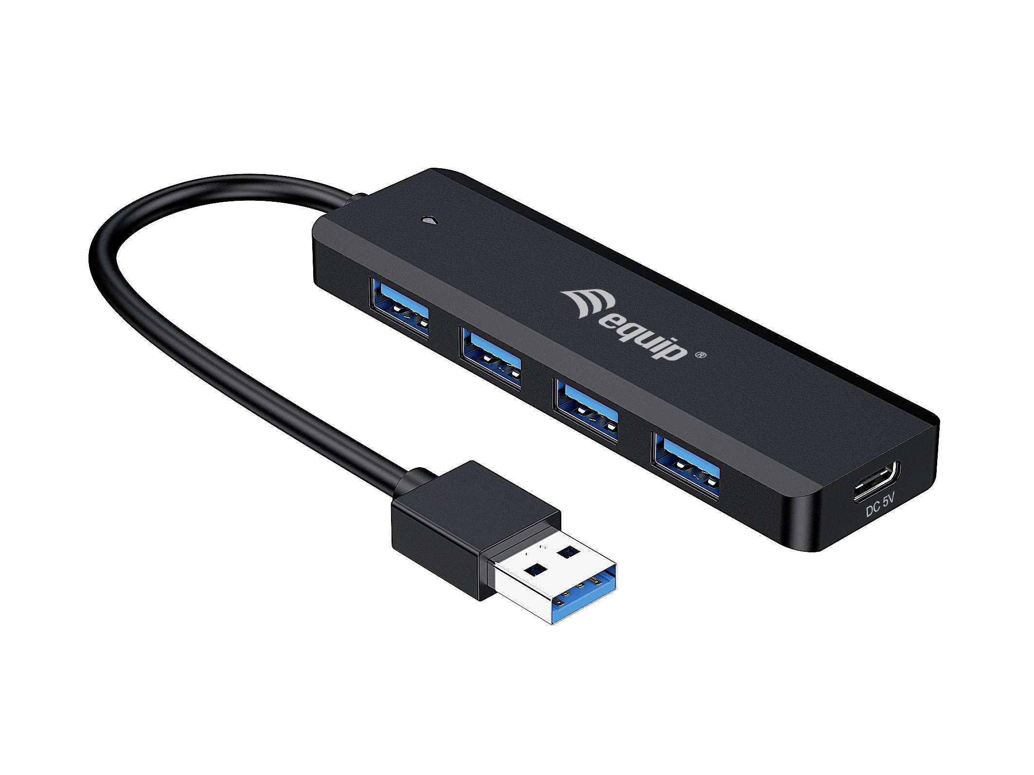USB-hub med fire blå USB 3.0-porte, et USB-indgangskabel og en ekstra indgang til DC-strøm.