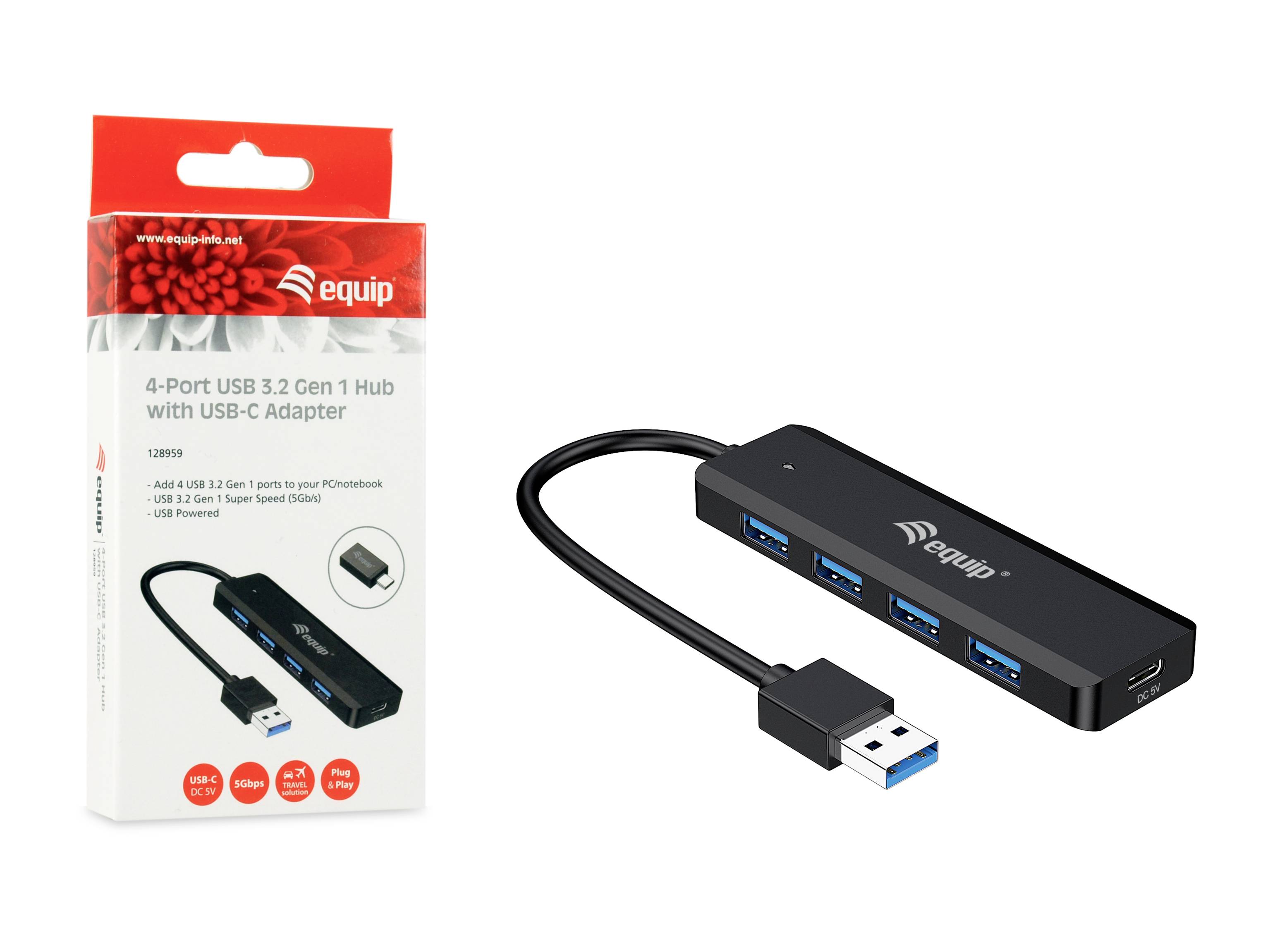 '4-Port USB 3.2 Gen 1 Hub' i sort design, emballage til venstre, hub til højre, med USB-kabel og flere USB-porte synlige.