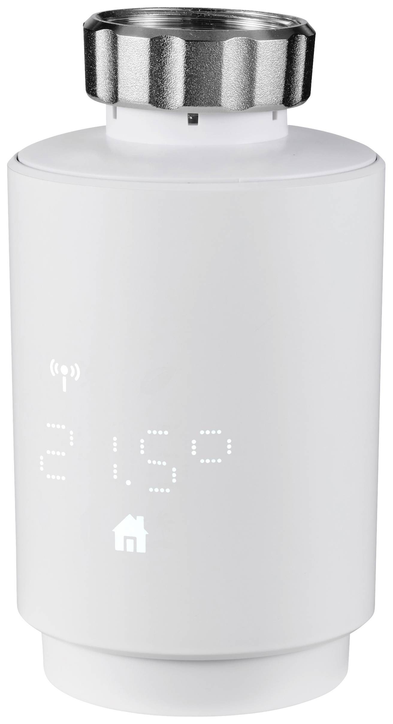 Hvid, cylindrisk smart radiatortermostat med LED-display til temperatur og WLAN-signal, foroven med metalgevind.