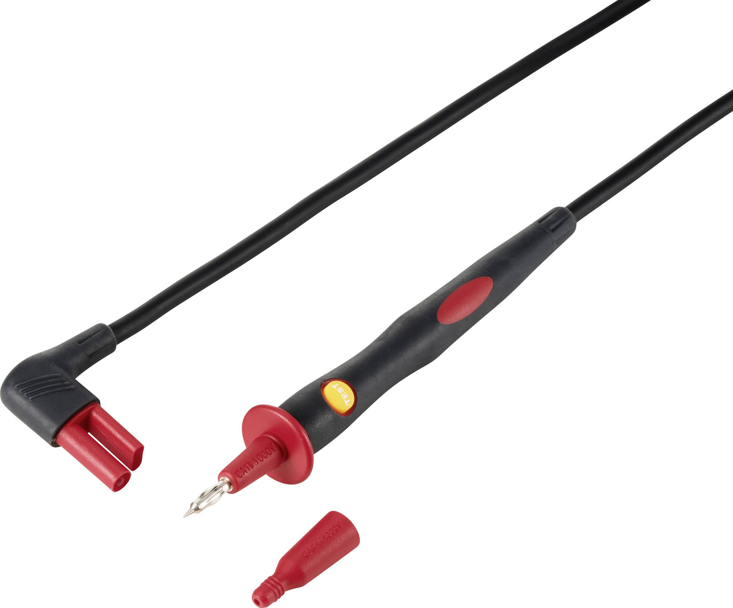 Et rødt testprøveapparat med aftagelig hætte og sort kabel, bruges til elektriske tests og målinger.