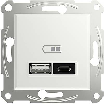 Et hvidt stikkontaktmodul med USB-A og USB-C stik til opladning af elektroniske enheder, viser batterisymbol.