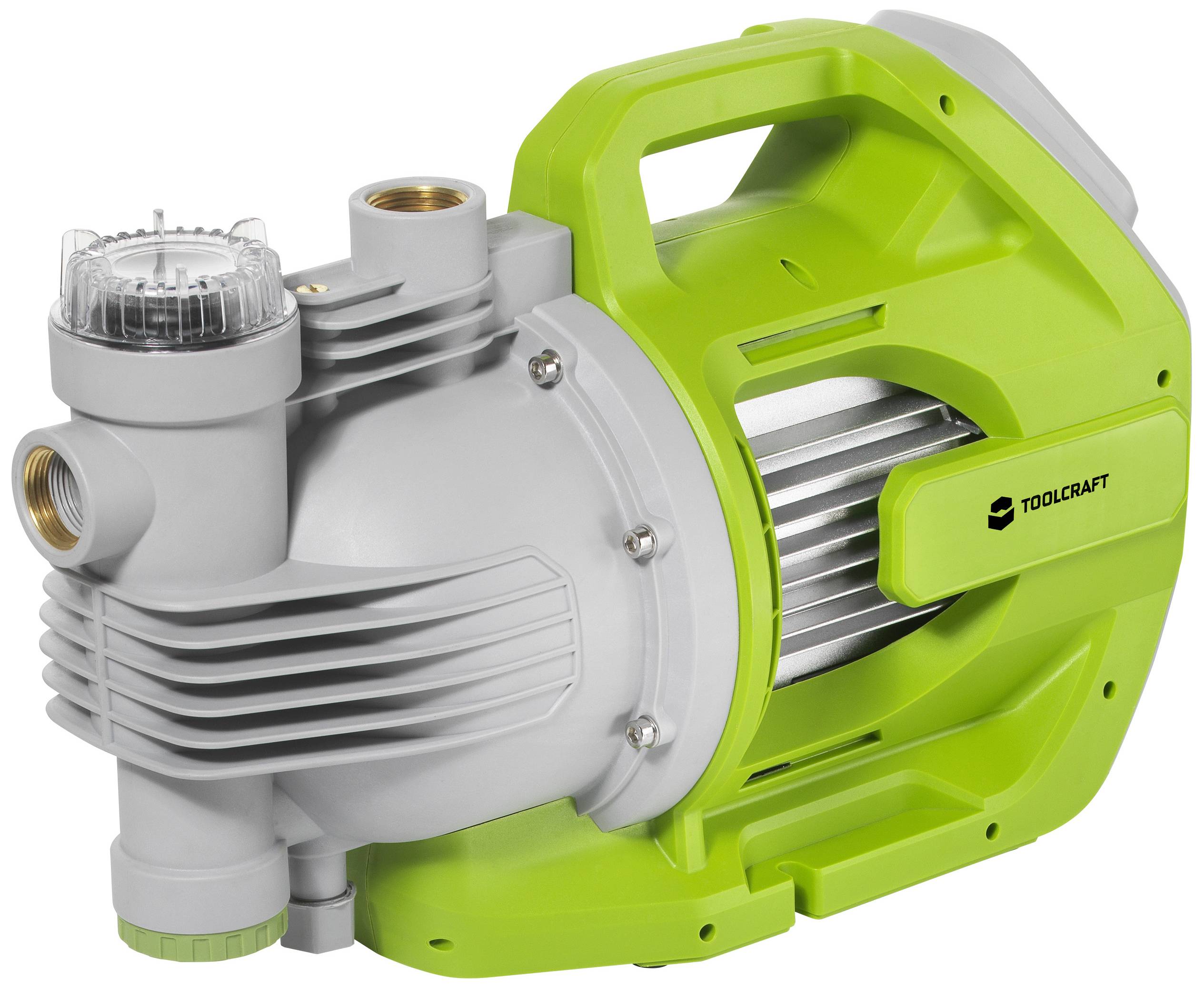 En grøn og grå vandpumpe med bærehåndtag, egnet til havevanding eller afvanding. Model "Toolcraft".