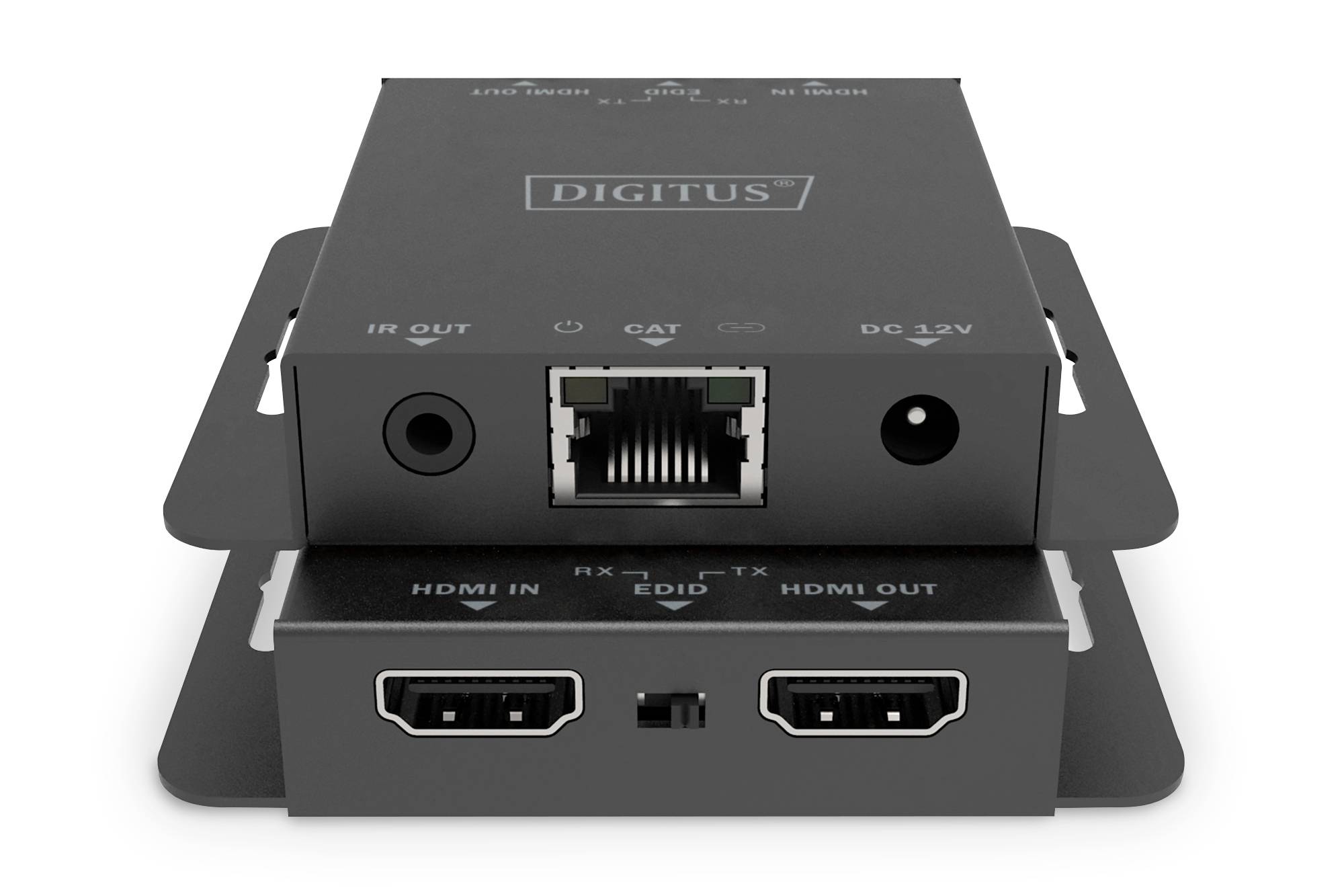 Sort digitalt apparat med følgende tilslutninger: HDMI IN, HDMI OUT, IR OUT, CAT og DC 12V. Mærket 'DIGITUS' øverst.