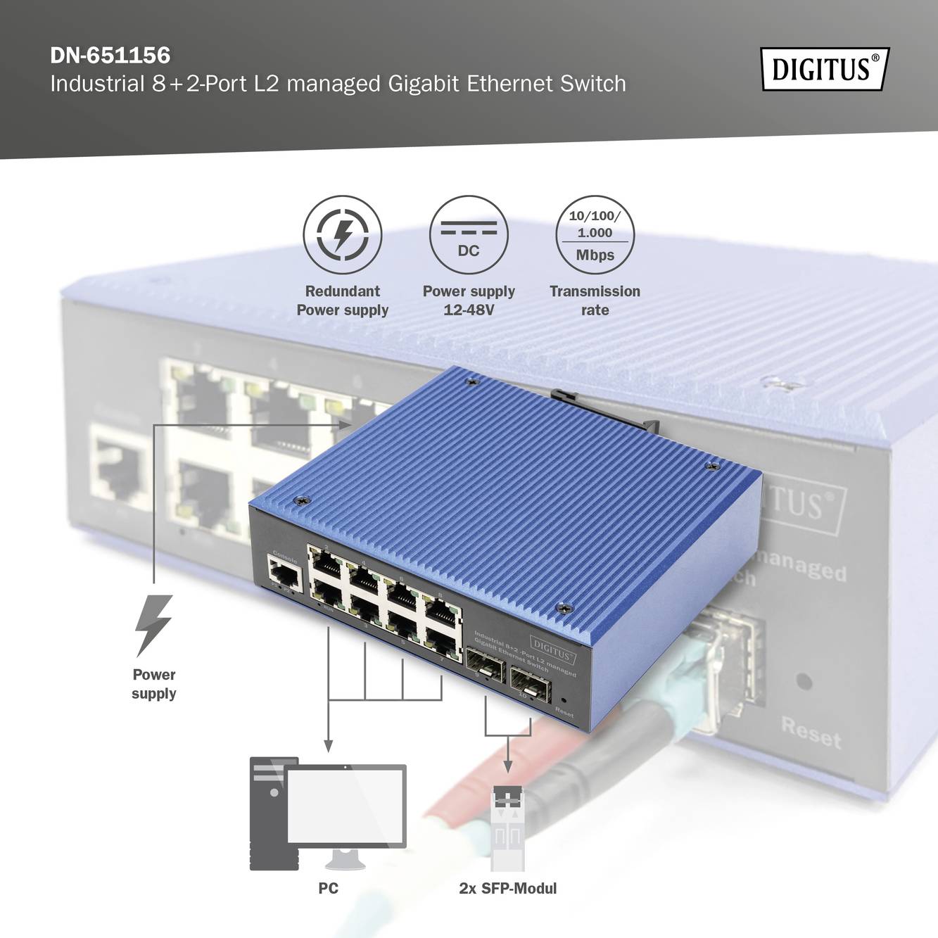 Industriel switch med 8 + 2 porte, Gigabit-Ethernet, blå boks og netværksforbindelser. Designet til øget netværkssikkerhed.