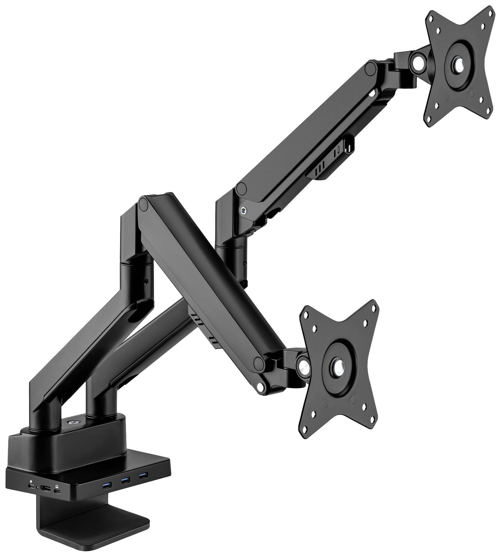 En sort, justerbar monitorarm med to monteringer til skærme, egnet til ergonomisk indretning af arbejdspladsen.