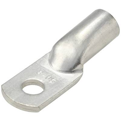 Et metalstik med et cylindrisk ende til at indsætte et kabel og et fladt ende med et hul til fastgørelse ved en skrue.