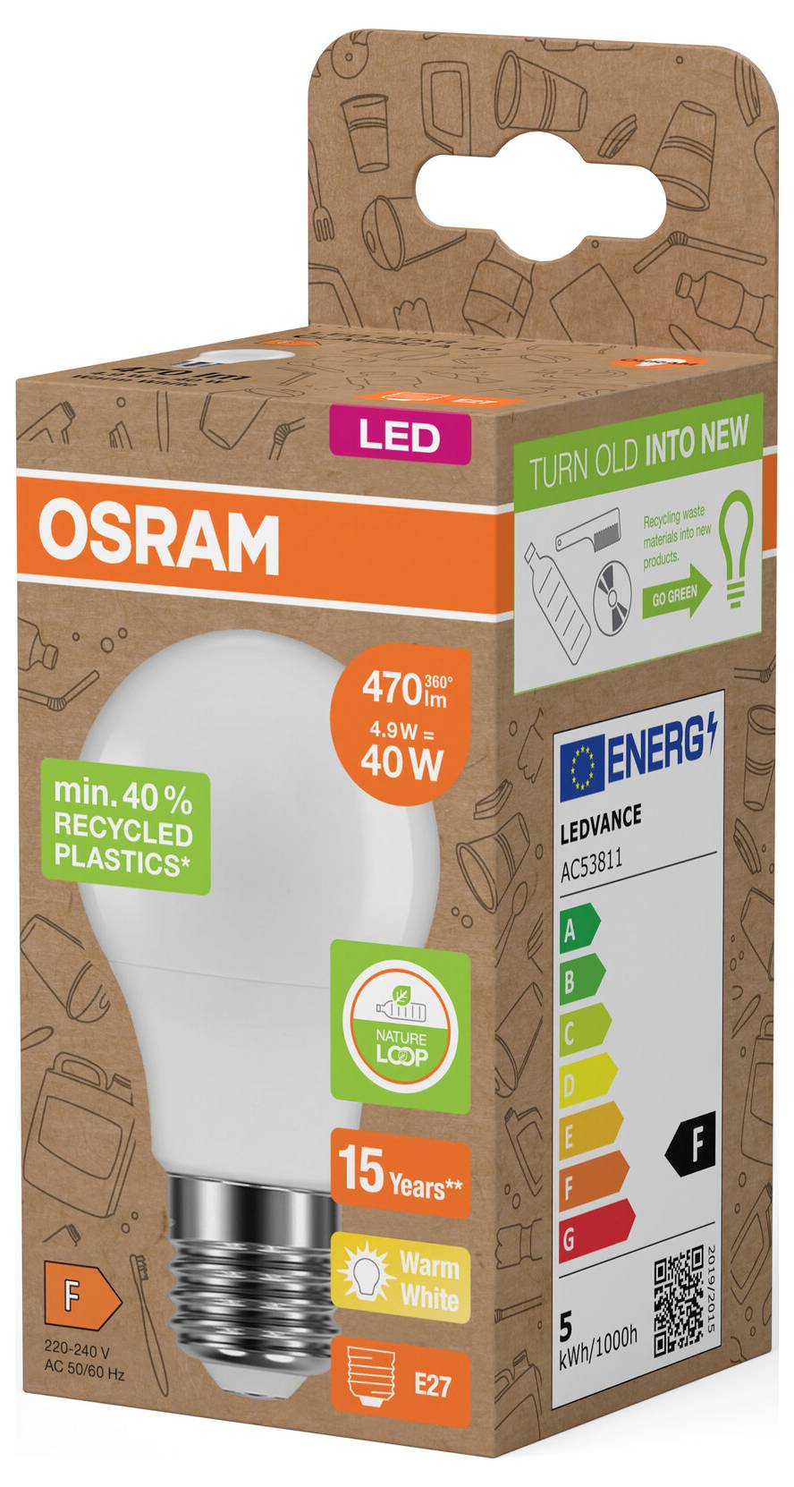OSRAM LED-pære i emballage af brun genbrug karton, mærket 40W ækvivalent, varm hvid, energiklasse F, og 'gør det gamle til nyt' med 40% genbrugt plast.