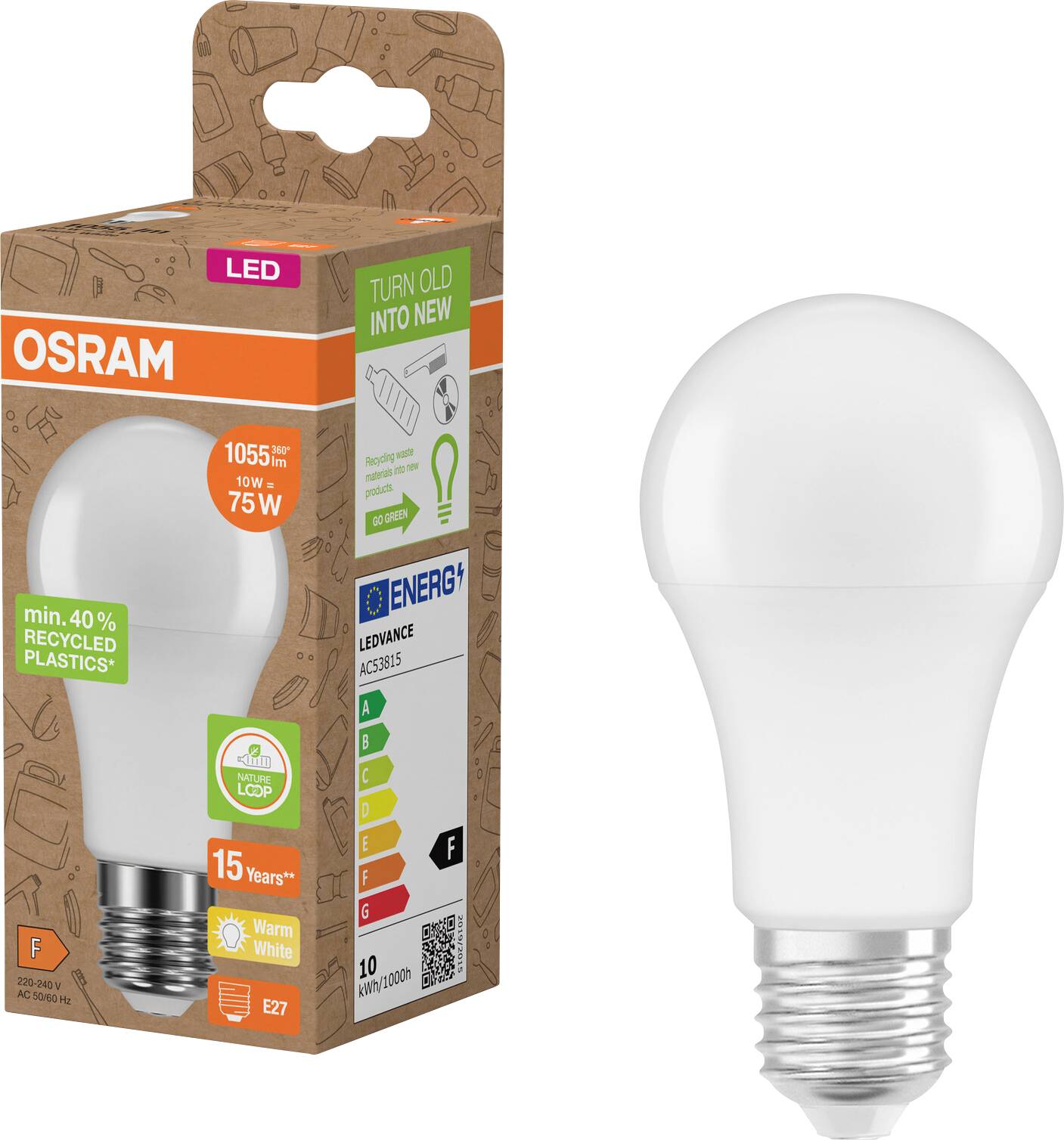 OSRAM LED-pære i emballagen ved siden af en hvid pære med E27-gevindbase, der viser 10W, 1055 lm, varm hvid og påstande om 15 års levetid.